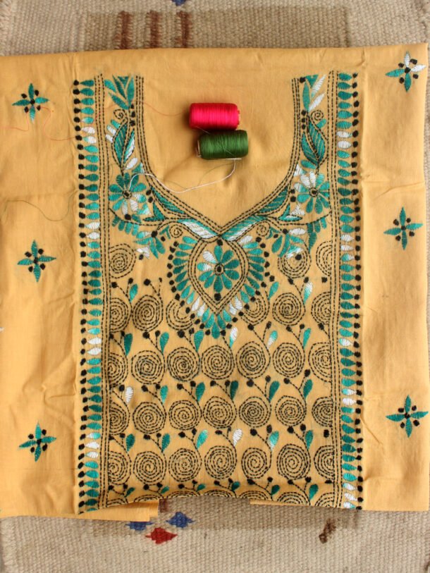 Green-black-kanthawork-on-beige-cotton-kurta-fabric