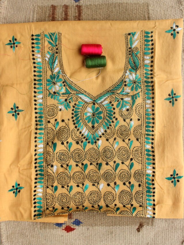 Green-black-kanthawork-on-beige-cotton-kurta-fabric