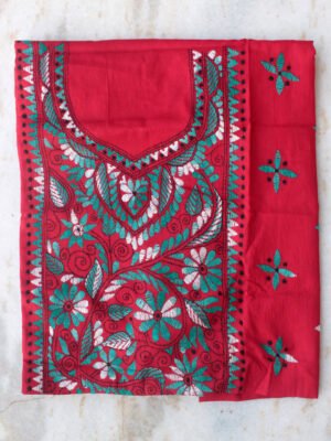 Green-kanthawork-Dark-red-cotton-kurta-fabric