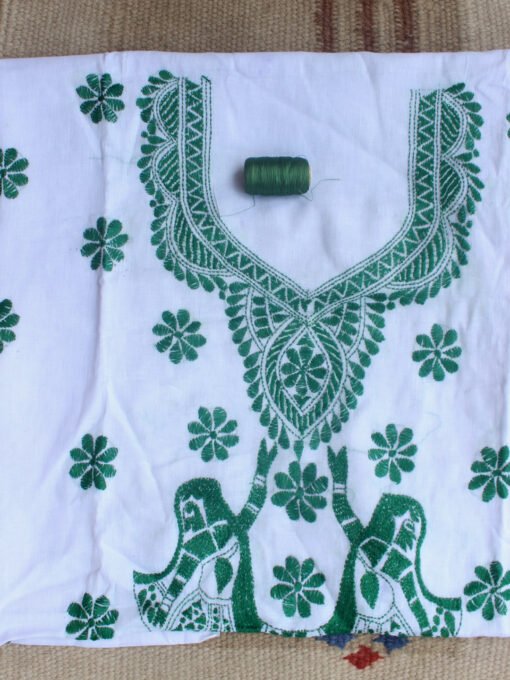 Green-kanthawork-on-white-cotton-kurta-fabric