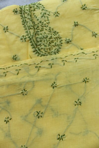 Green-lucknow-embroidery-on-yellow-cotton-sari