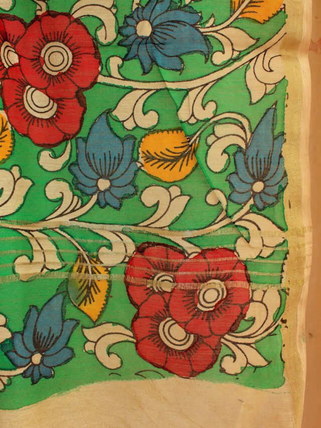 Green,-red-yellow-pen-kalamkari-silk-cotton-dupatta