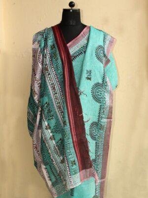 Green-warli-printed-linen-sari at Shilphaat