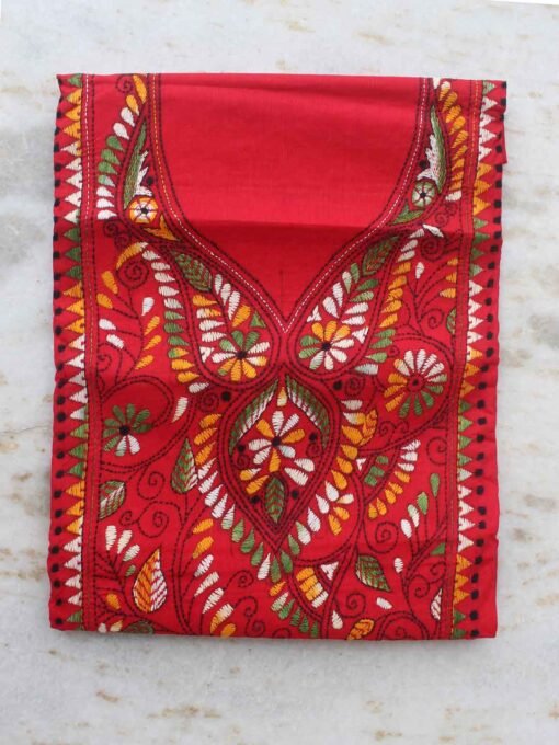 Green,-yellow,-white-on-red-kanthawork-cotton-fabric