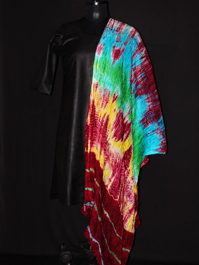 Multicolor,maroon border, Shibori-Laheriya, PolySilk dupatta
