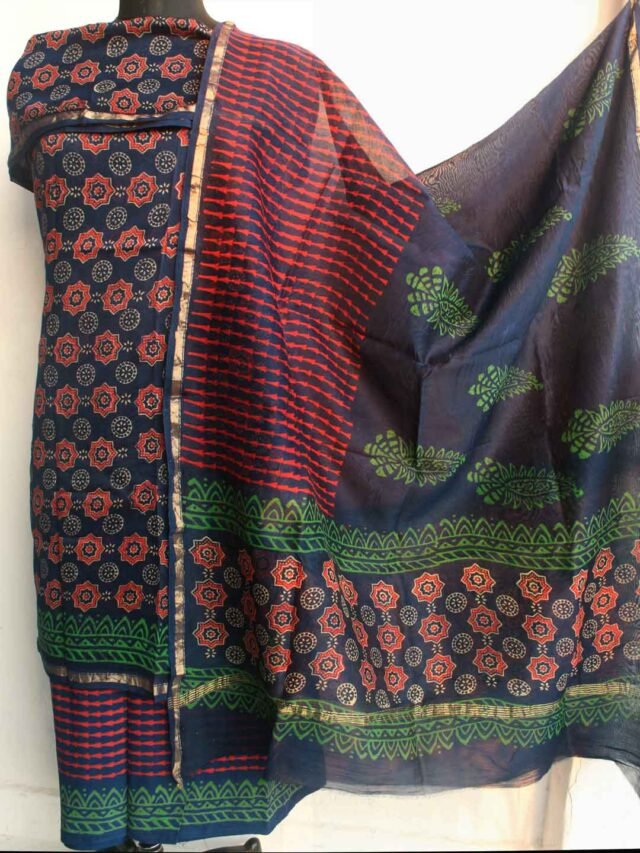 Indigo-red-and-green-block-printed-chanderi-3pc-ladies-suit