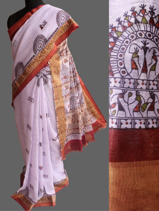 Lailac-warli-linen-saree