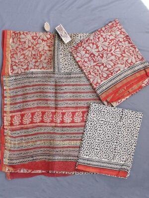 Madder-Red-and-Beige-Block-Printed-Chanderi-Ladies-Suit at Shilphaat.com
