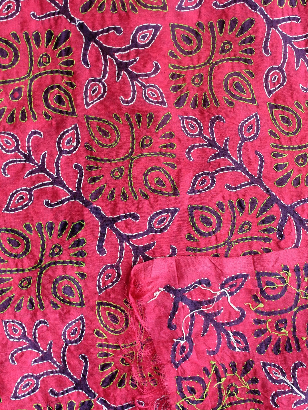 Magenta-Red Block-Print KanthaWork Silk Dupatta - Shilphaat.com