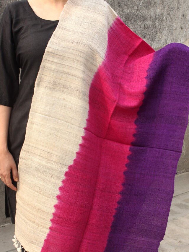 Magenta,-purple-and-beige-tussar-wool-stole