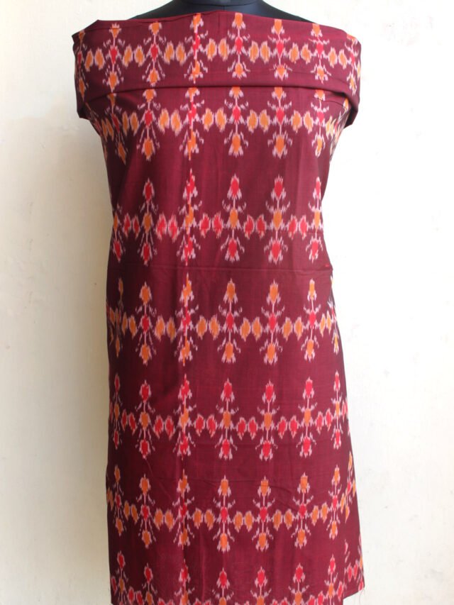 Maroon-red-mercerized-cotton-ikat-precut-kurta-fabric-