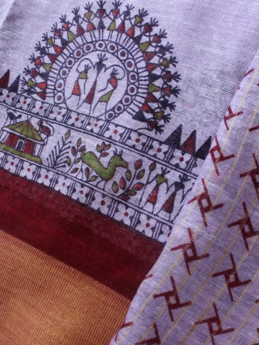 Mauve-Warli-Block-printed-Linen-Sari