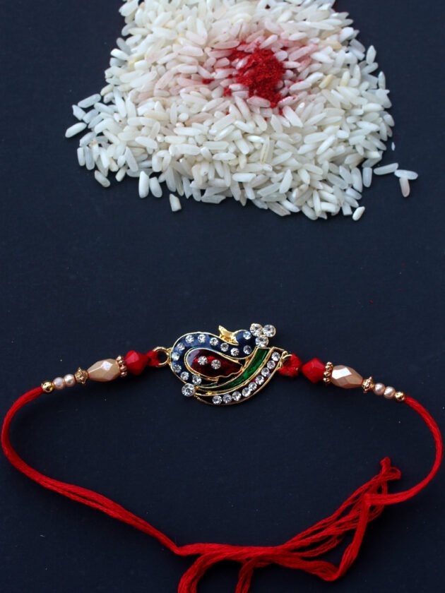 Metallick-peacock-with-crystals-rakhi