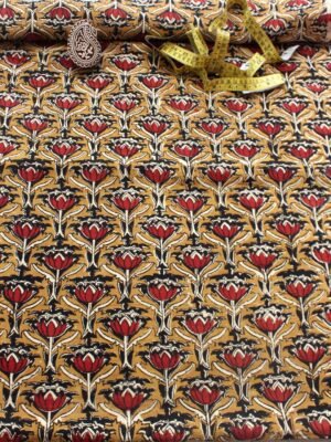 Mud-yellow,-Red-lotus-Bagru-Block-print-cotton-fabric-Shilphaat