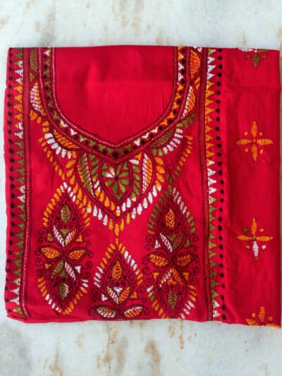Multicolour-kanthawork-dark-red-cotton-kurta-fabric