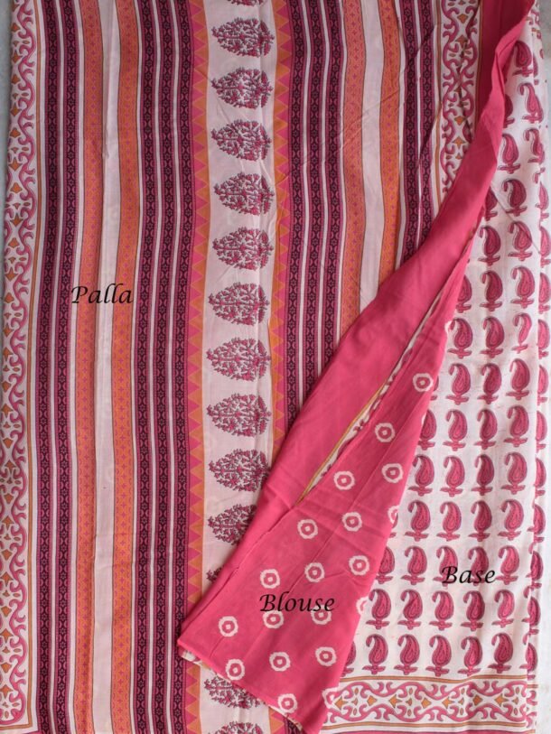 Off-white-and-reddish-pink-mul-cotton-block-printed-sari.Shilphaat