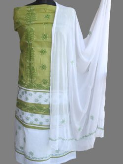 Olive-green-and-white-chikankari-cotton-dress-material