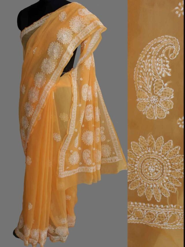 Pastel-orange-georgette-chikankari-saree
