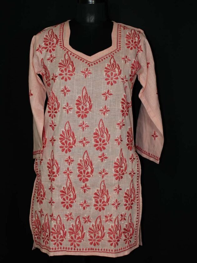 Peach-cotton-chikankari-ladies-kurta-Shilphaat