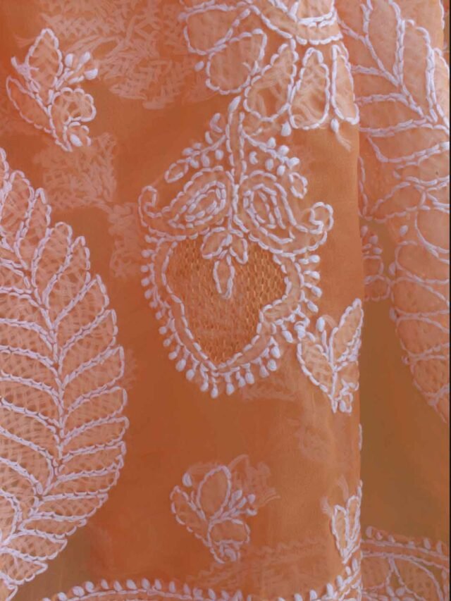 Peach-orange-chikankari-jorjet-sari