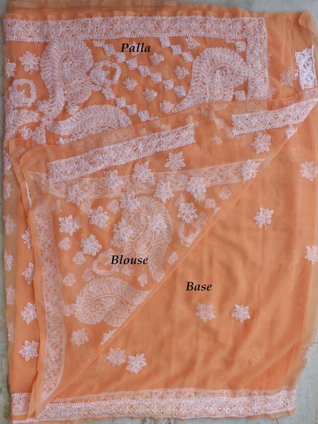 Peach-orange-lucknow-chikankari-georgette-saree