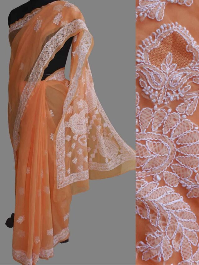 Peachy-orange-georgette-chikankari-saree
