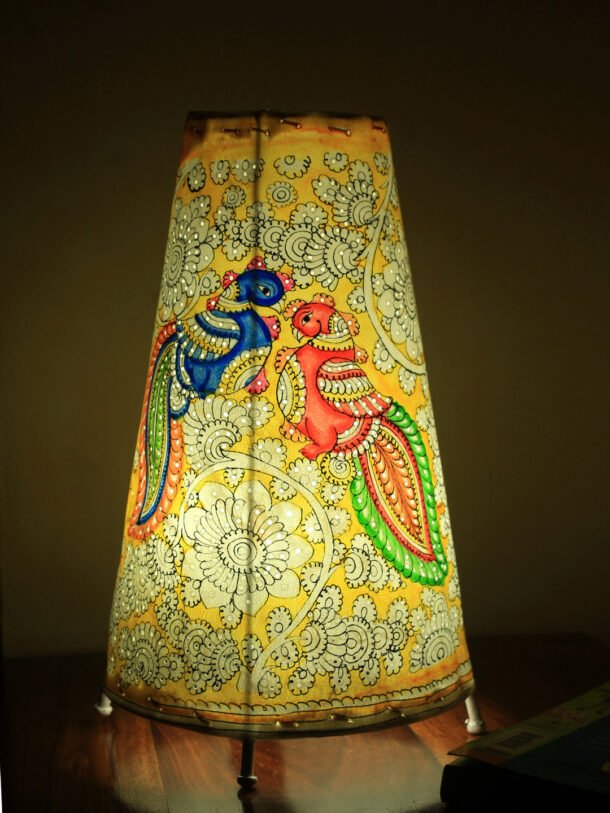 Peacock-on-yellow-big-tholu-bommalata-table-lamp