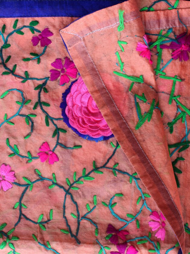 Pink-Rose-patch,-peach-chanderi-fulkari-dupatta