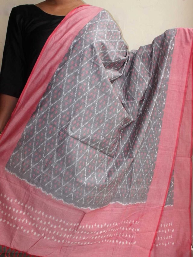 Pink-and-gray-mercerized-cotton-ikat-Dupatta