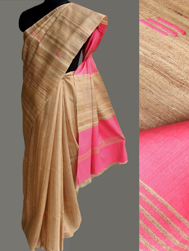 Pink-eri-silk-palla,-beige-katiya-tussar-silk-saree
