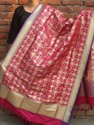 Pink-golden-figurine-motif-banarasi-dupatta at Shilphaat.com