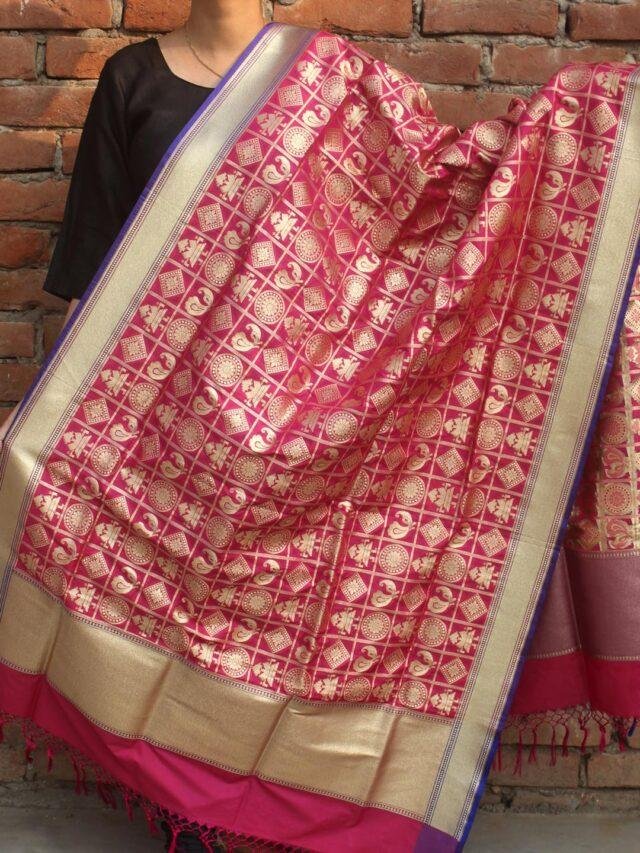 Pink-golden-figurine-motif-banarasi-dupatta at Shilphaat.com