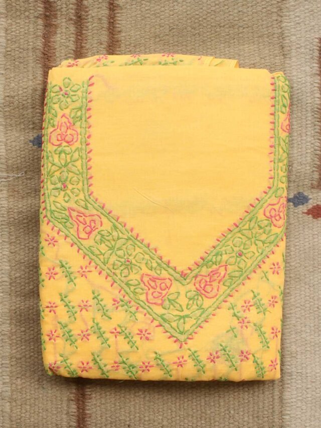 Pink,-green-chikankari-on-yellow-cotton-3pc-ladies-suit