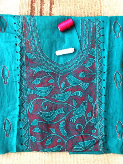 Pink-kanthawork-on-green-cotton-kurta-fabric