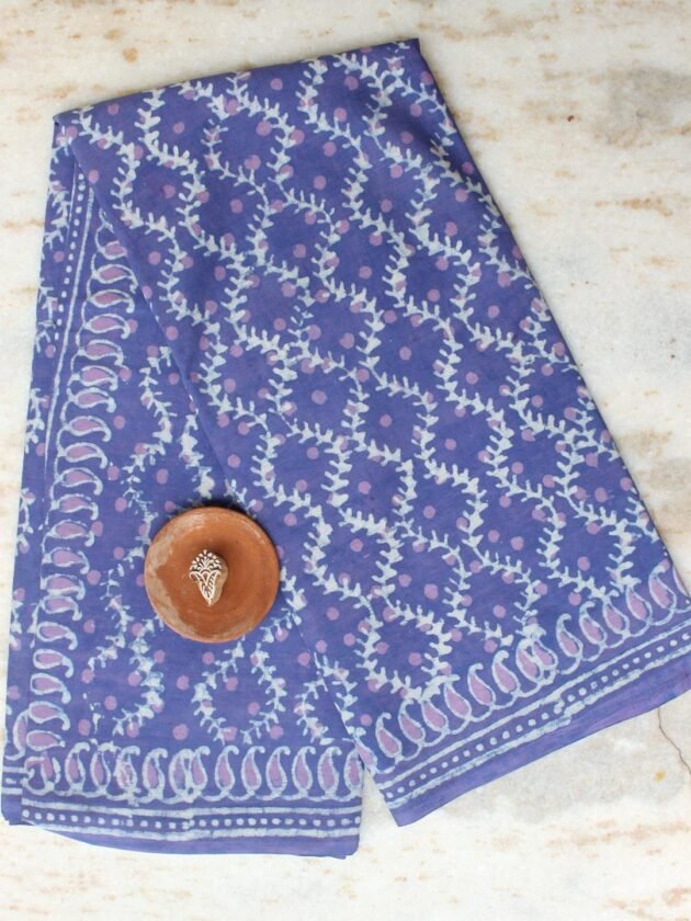 Purple-and-pink-block-printed,-mul-cotton-sari at Shilphaat.com