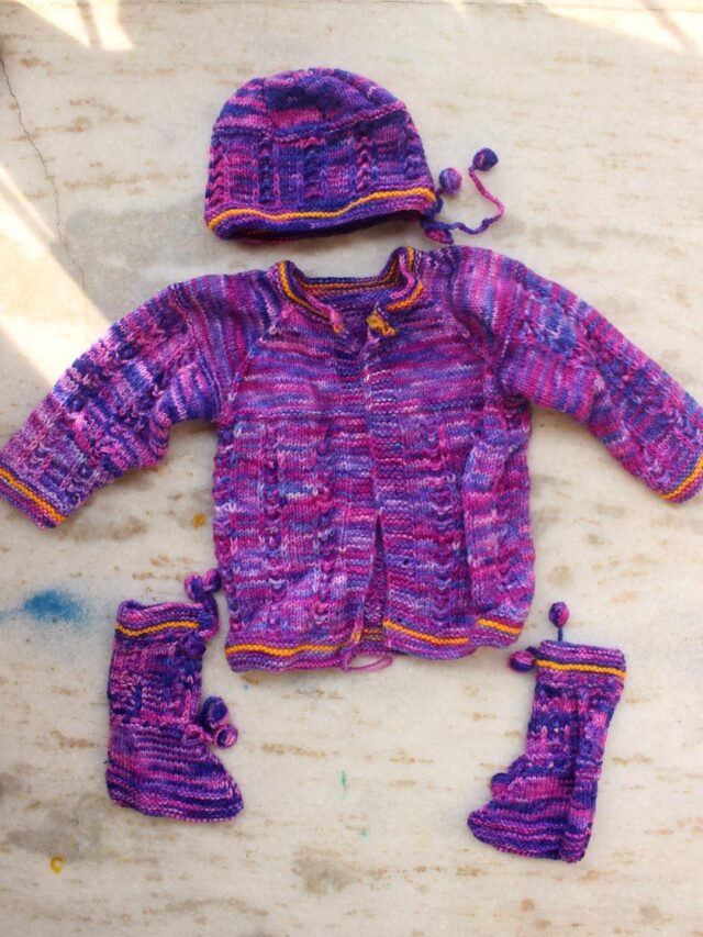 Purple-woolen-handknit baby sweater set