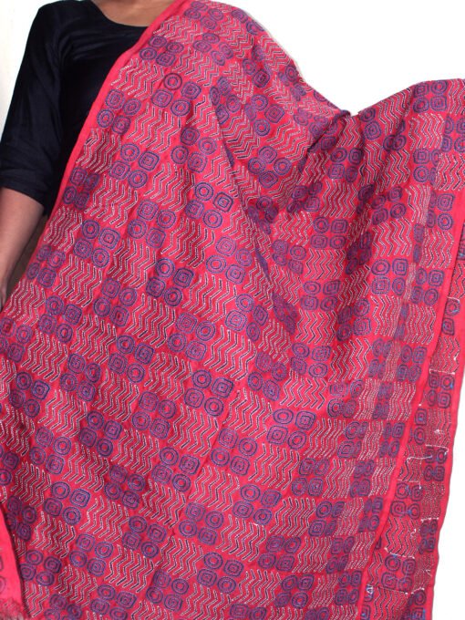 Red-Block-printed-kanthawork-pure-silk-dupatta