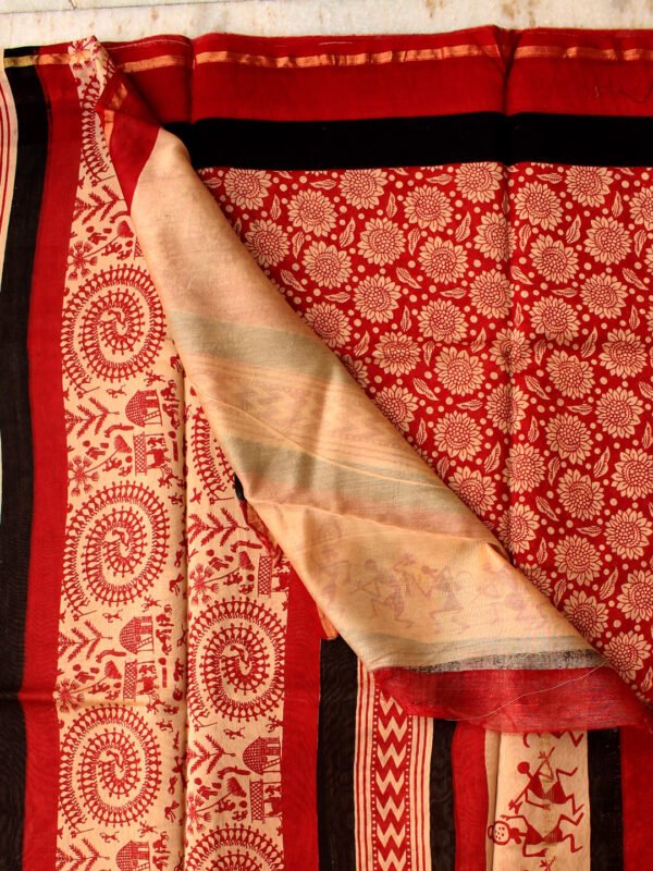Warli Palla, Red and Beige Block-Printed Silk-cotton Sari â Shilphaat.com