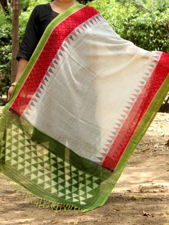 Red-and-Green-Border,-Ivory-missing-thread-ikat-dupatta