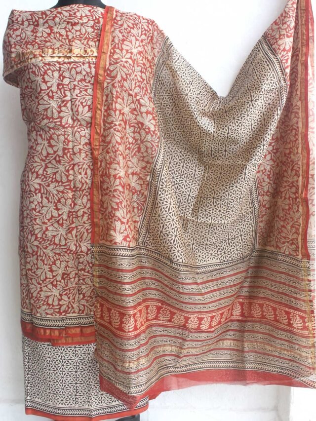 Red-and-beige-block-print-chanderi-dress-material