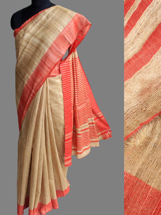 Red-and-beige-ghicha-tussar-silk-saree