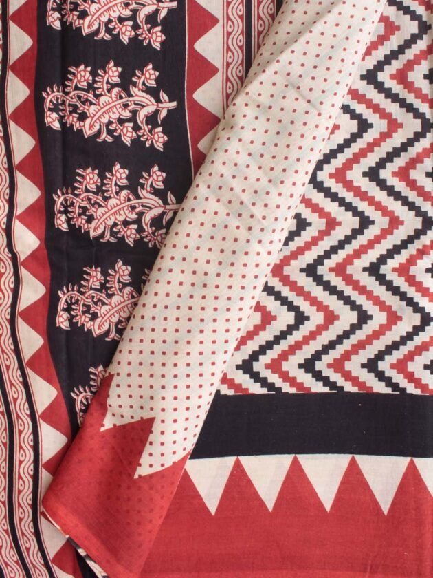 Red-and-black-block-printed-cotton-saree.Shilphaat