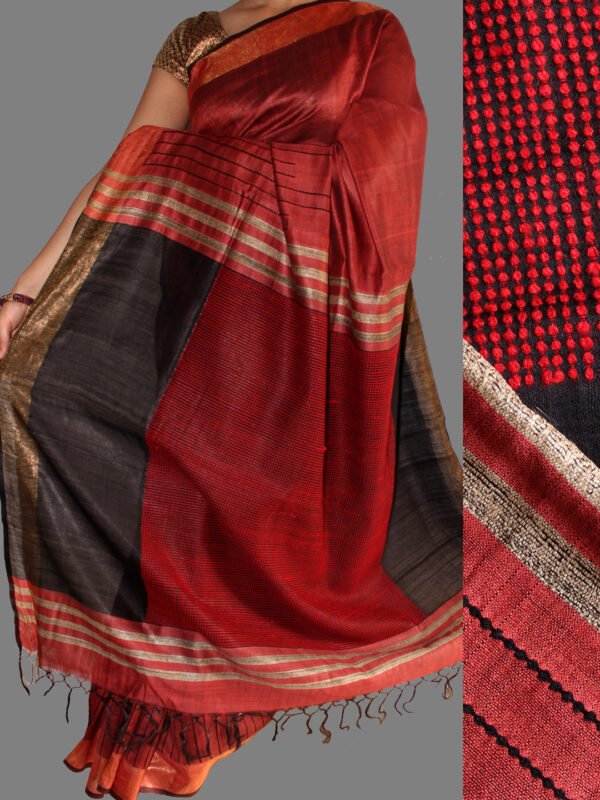 Beige - Trangle Pattern with Red Buti Extra Weft Handloom Cotton Saree 50