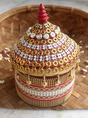 Red-and-white-bead-lacework-medium-wooden-sindur-box