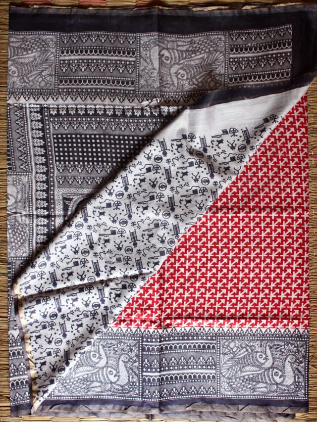 Red-black-and-white-madhubani-Bhagalpuri-saree