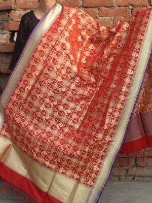 Red-figurine-motif-Art-Silk-Banarasi-Dupatta at Shilphaat.com