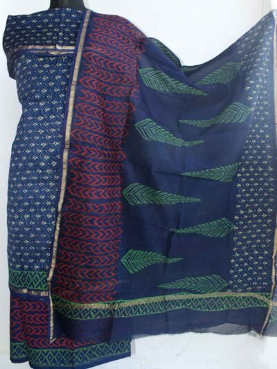 Red-green-block-printed-indigo-chanderi-3pc-ladies-suit