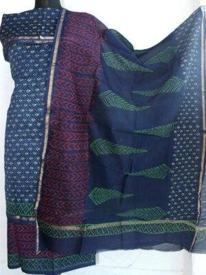 Red-green-block-printed-indigo-chanderi-dress-material