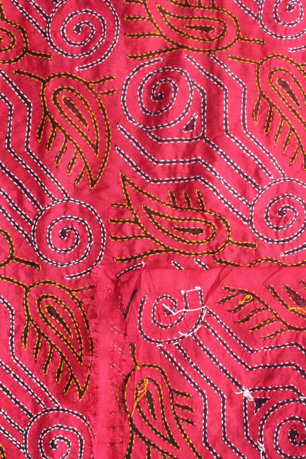 Red-kantha-embroidered-block-printed-silk-dupatta-