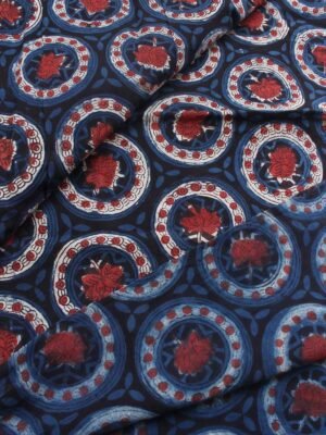 Red-lotus,-indigo-dabu-printed-cotton-kurta-fabrics at Shilphaat.com